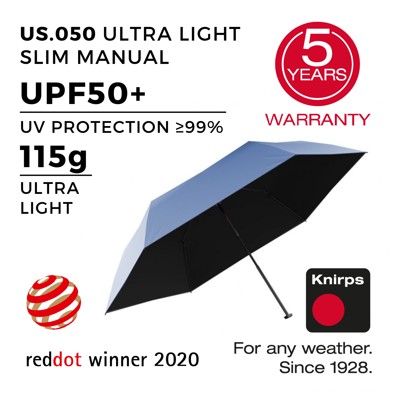 Buy Knirps Us.050 Ultra Light Slim Manual UV Protection Umbrella - Blue  with HeatShield Coating in Singapore & Malaysia - The Wallet Shop